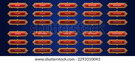 Cartoon set of medieval game buttons animation set. Vector illustration of red bars with golden frames. Play, start, shop, resume, restart, login, settings, cancel, option, continue sprite sheet