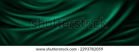 Green drapery silk fabric luxury background. Wavy abstract satin cloth vector texture pattern. Smooth shiny drape material curtain. Elegant velvet curve motion image realistic horizontal design.