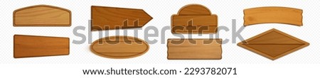 Realistic set of wooden plaques and signboards isolated on transparent background. Vector illustration of blank nameplate mockup made of natural oak, vintage direction pointer sign of different shape