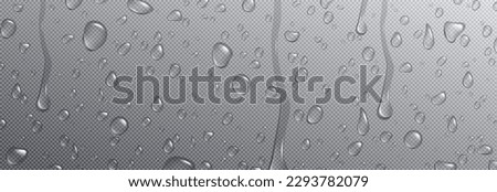 Realistic condensation water drops. Vector droplet on window transparent background. 3d clear glass drop steam texture set. Liquid wet surface png illustration with white reflection design macro view.