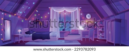 Cartoon attic room interior with girly furniture at night. Vector illustration of dark teenagers bedroom with laptop on desk, cozy bed and chair, mirror on wall, garland lights, forest view in window
