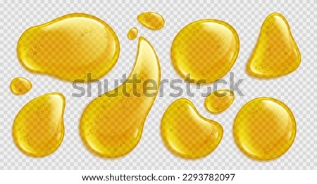Gold honey or yellow argan oil vector droplet set. Isolated realistic 3d yellow serum liquid drop stain with bubble top view. Keratin cosmetic fluid puddle illustration on transparent background.