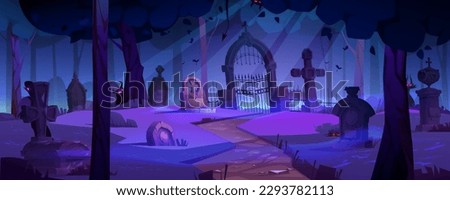 Night spooky halloween graveyard cartoon vector background. Scary cemetery with tombstone, grave, tree and moonlight horror landscape. Haunted with glowing eye in forest purple panoramic scene