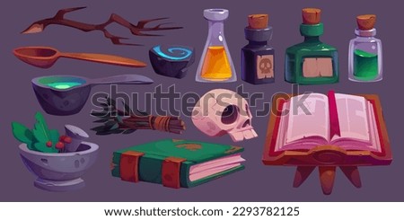 Magic potions, spell books, herbs icons for game or halloween decor. Witch or wizard alchemy laboratory stuff with bottles with poisons, skull, mystic books, vector cartoon set