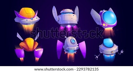 Alien spaceship cartoon game vector icon set. Ufo shuttle cute fantasy illustration. Colorful space ship ui asset collection. Travel transport for cosmos flight. Futuristic scifi galaxy vehicle