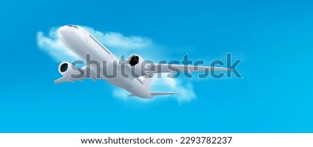 3d white plane flight in sky air vector travel concept. Realistic render of jet on blue background with cloud. Airline commercial banner for international fly on holiday. Charter aircraft takeoff.