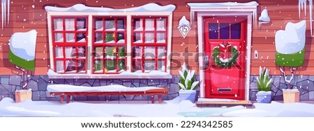 Christmas front door with wreath near porch house winter cartoon illustration. Xmas decoration home exterior with snow on topiary and bench. New Year outdoor day village scene. Closed cottage entry