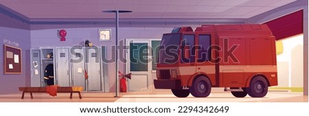 Fire station garage with truck cartoon background illustration. Firehouse department with steel pole, open gate and locker for uniform. Open entrance with falling sunlight inside rescue service room