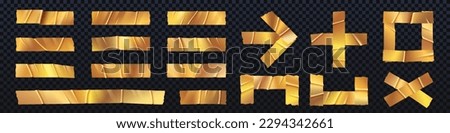 Golden realistic duct tape isolated pieces vector. Gold duck sellotape arrow, cross, frame and plus glued wrinkled set. Clerical metallic sticky stripe label collection with torn corner illustration