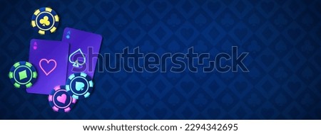 Poker background with neon chip and ace bet vector illustration. Casino led roulette concept on blue playing fabric design top view. Playing online blackjack glow holdem internet banner layout.
