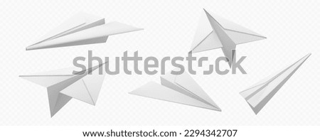 Realistic set of 3D paper planes isolated on transparent background. Vector illustration of origami toy aircraft flying in air. Symbol of message chat, social media communication, travel. Emoji design