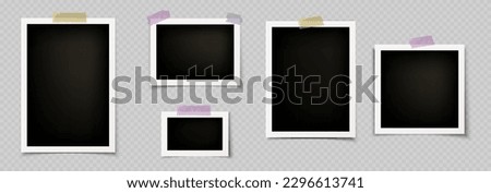 Photo frame collage template vector album mockup on transparent background. Foto memory picture and sellotape sticker. Blank photography card with white border realistic set. Retro snapshot collection