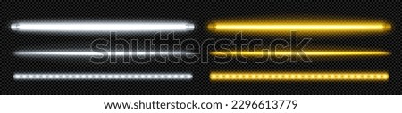 Neon tube lamp in yellow and white for party border design. Vector fluorescent led light bar isolated on transparent background. Night realistic electric stripe casino illumination graphic pack