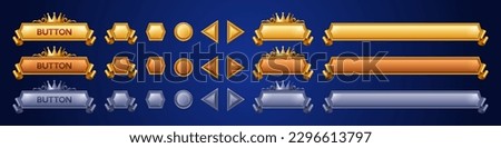 Royal game buttons animation set. Vector cartoon illustration of golden, silver gui frames decorated with crown and ribbons. Play, start, login, settings long and short bars, click action sprite sheet