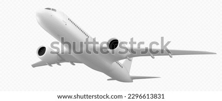 Realistic 3D plane isolated on transparent background. Vector illustration of white aircraft mockup for passenger, freight transportation, international mail delivery. Transport for travel on vacation