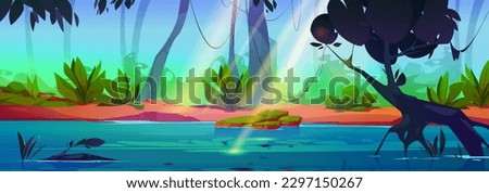 Tropical river water in jungle forest nature vector landscape. Green amazon rainforest cartoon scene background. Fairy illustration with wild environment. Liana on tree near lake with sun ray light
