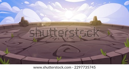 Vector cartoon ancient game temple background. Stone platform for battleground. Maya arena floor with sunlight and clouds. Fantasy magic altar landscape. Old egypt rock podium for fight or duel