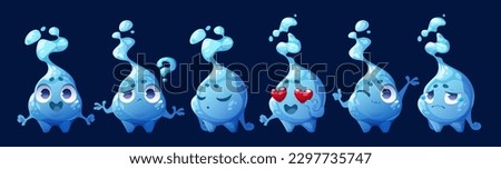 Vector cartoon set of isolated water drop mascot emoticon. Cute character with sad, cry, smiley, question or love expression. Funny aqua hero icon for animation. Friendly raindrop with eyes and hands.