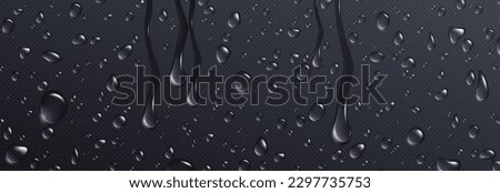 Realistic water drops on transparent black surface. Vector illustration of rain droplets, dew bubbles, shower condensation drips, pure aqua blobs on wet glass. Abstract humid texture background