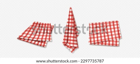 3d kitchen towel cloth top view isolated vector. Red tablecloth napkin for picnic with gingham plaid texture on transparent background. Realistic checkered linen cotton set for vintage restaurant