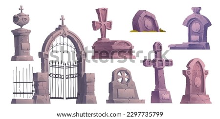 Cartoon set of old cemetery design elements isolated on white background. Vector illustration of gothic stone tombs, cracked ancient crosses, graveyard gate. Scary haunted place. Halloween decor