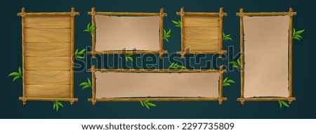 Realistic set of bamboo wood and paper signboards with tropical green leaves isolated on black background. Vector illustration of announcement, menu, map, information board templates for game ui