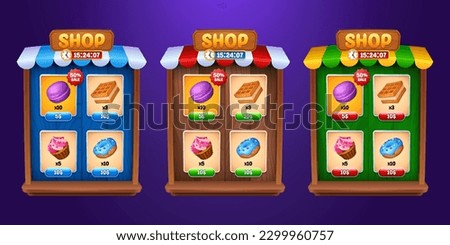 Ui game store frame interface with button cartoon element set. Gui mobile app wooden shop box design illustration with props selection to buy. Signboard sale window with tent and showcase collection