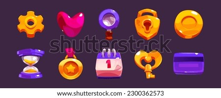 Cartoon game interface icon with lock and key. Vector gold element set with coin, heart, prize and hourglass illustration kit. Settings and bank card props symbol collection for mobile magic rpg app