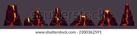 Magic prehistoric volcano stone mountain with lava isolated cartoon vector set. 2d fantasy earth eruption different volcanic rock collection with hot magma flow. Molten plasma burn illustration