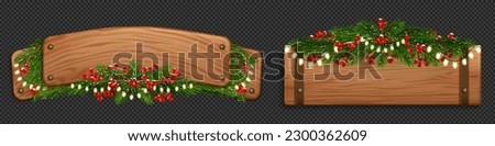 Realistic set of wooden nameplates ornated with Christmas wreath, snow and garland isolated on transparent background. Vector illustration of vintage signboards with mistletoe, spruce decoration