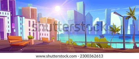 Empty tropical urban embankment, city skyline. Park bench on street near river and downtown building vector landscape. Resort on seaside in town with sun beam light in sky cartoon summer background