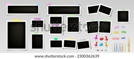 Vector photo frame collage with push pin and tape set. Memory or mood board foto icon mockup collection to attach snapshot with paper clip or thumbtack. Isolated realistic portrait photography