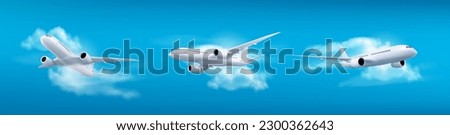 3d plane flight takeoff in sky vector concept set. Jet fly in air scene illustration for commercial tourism design collection. International flying charter transport with blank wing mockup side view