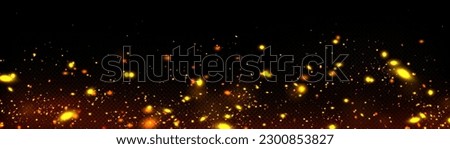 Golden firefly light with fairy dust. Magic glow isolated vector effect. Night bokeh glowworm sparkle texture isolated on dark transparent background. Beautiful flare overlay with glitter particle
