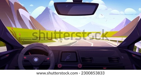 Inside car view drive mountain road vector illustration. Driver dashboard in cockpit with wheel and navigation screen. Spring highway and nature landscape backdrop from unmanned vehicle windshield.