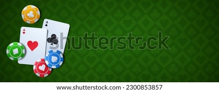 Realistic ace cards and chips on green casino table background. Vector illustration of gambling tokens with hearts, spades, clubs, diamonds icons. Poker match banner template. Chance to win jackpot