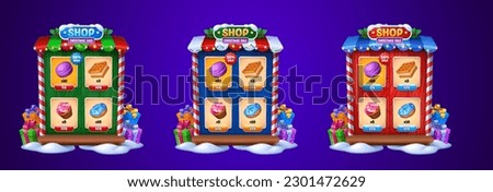 Christmas game shop frame with sweets on wooden shelves. Vector cartoon illustration of holiday store selling delicious donuts, cakes, desserts. Window decorated with garlands, gift boxes and snow