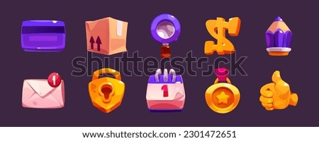 Delivery vector game ui element set. Isolated cartoon glossy credit card, dollar, pencil, medal, magnifying glass and calendar icon pack for computer menu interface. Thumbs up finger gesture clipart