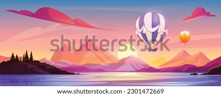 Hot air balloons flying above river and mountain range on horizon. Vector cartoon illustration of beautiful natural landscape with pine forest on rocky hills, aerostat above water surface, sunset sky