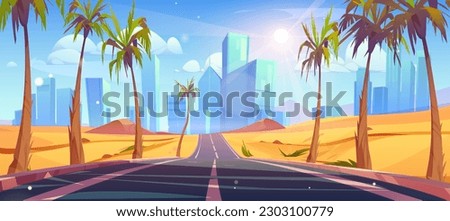 Desert road to city street with palm tree vector background. Empty highway scene with cityscape on skyline. Asphalt freeway to Dubai town with sand terrain nature and sun beam to travel landscape