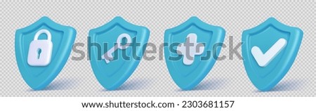 Realistic set of blue security shield icons isolated on transparent background. Vector illustration of 3D safety symbols with lock, key, cross, tick signs. Data privacy protection, antivirus
