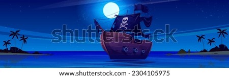Pirate ship at night near sea island beach cartoon vector background. Full moon in sky ocean landscape with palm tree. Tropical lagoon shore skyline at nighttime and wooden boat with black skull flag.