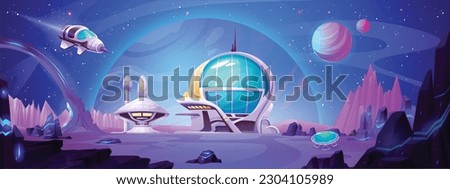Space station building on planet vector landscape. Futuristic spaceship on Mars city base cartoon background. Alien colony in cosmos with exploration mission and research adventure game banner