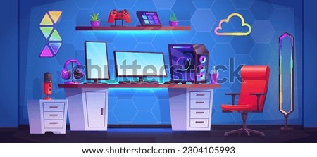 Gamer streamer room with computer desk cartoon vector background. Geek teen studio with gamepad, chair, pc table and headphones to stream illustration. Neon lamp on shelf near workstation equipment