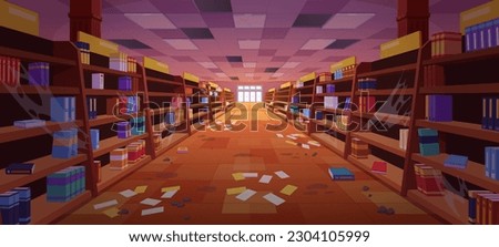 Abandoned book store vector cartoon background. Old library shop house interior illustration for game. Dirty bookshop with junk on floor. Spooky haunted university building with nobody front view