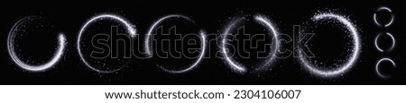 White spark circle light effect with magic glow. Abstract round glitter sparkle silver vector border stroke transparent background. Shiny luxury circular dust particle design set with starlight trail
