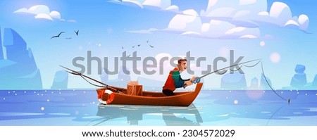 Cartoon man in boat fishing. Vector illustration of male character sitting in wooden vessel alone with rod and reel in hands, catching fish from lake water, rocks on horizon, blue sky with clouds