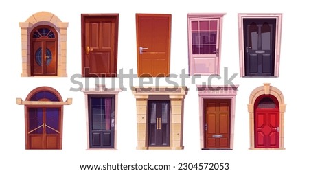 Vector house front door cartoon isolated illustration set. Home different entrance with window exterior icon element on white background. Contemporary external detailed closed wooden asset kit