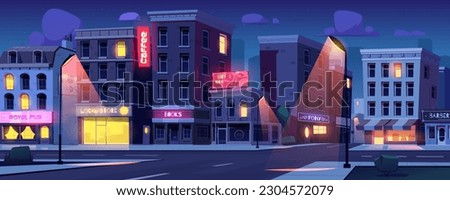 Night city street intersection cartoon vector background. Urban building scene view with crossroad and neon light in store window. Empty asphalt road way and apartment exterior at nighttime in town.