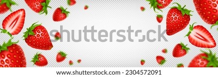 Many fresh strawberries falling, flying isolated on transparent background. Vector realistic border illustration of sweet juicy red berries with green leaves. Organic food frame. Summer dessert